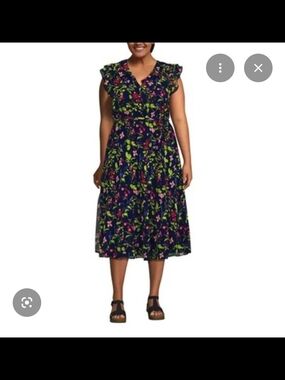 Lands' End Navy Floral Midi Dress with Pink & Green Accents